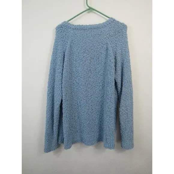Macaron Large Light Blue Fuzzy Popcorn Knit Sweater Women's Pullover V Neck - Picture 5 of 6